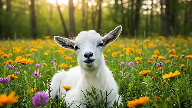 Adorable white goat kid resting peacefully among vibrant wildflowers in a serene forest meadow