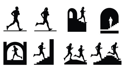 Flat vector silhouettes showing diverse runners jogging, ascending and descending stairs, and moving through archways., isolated on white background