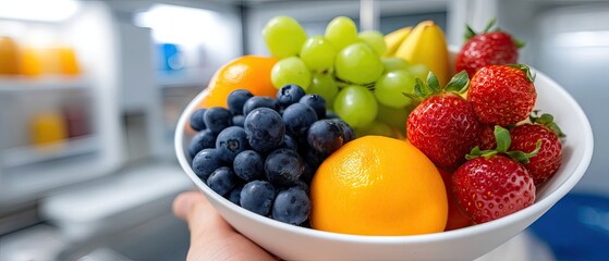 Variety of fresh fruits in a bowl held in hand near a bright refrigerator during a sunny day