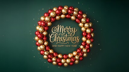 Luxurious Christmas Wreath Made of Red and Gold Baubles with Merry Christmas Greeting on Green Background
