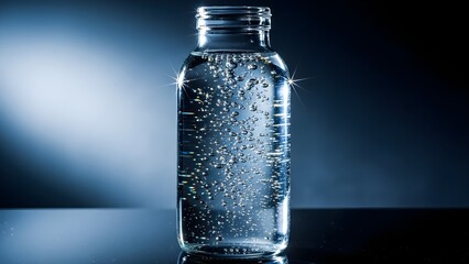 Clear glass bottle filled with bubbling water against blue background