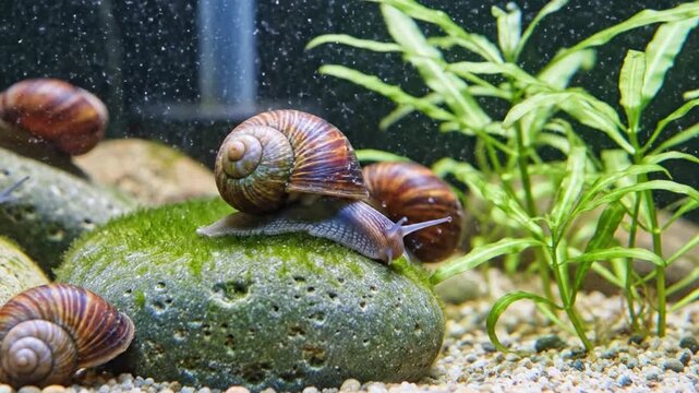 Snails gliding over a mossy rock in an aquarium, surrounded by aquatic plants and gravel substrate