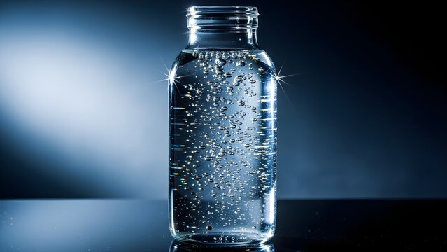 Clear glass bottle filled with bubbling water against blue background - Powered by Adobe