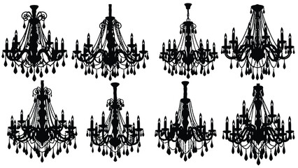 Obraz premium Flat vector illustration of ornate black silhouette chandeliers with candles and hanging crystal drops, symbolizing, isolated on white background