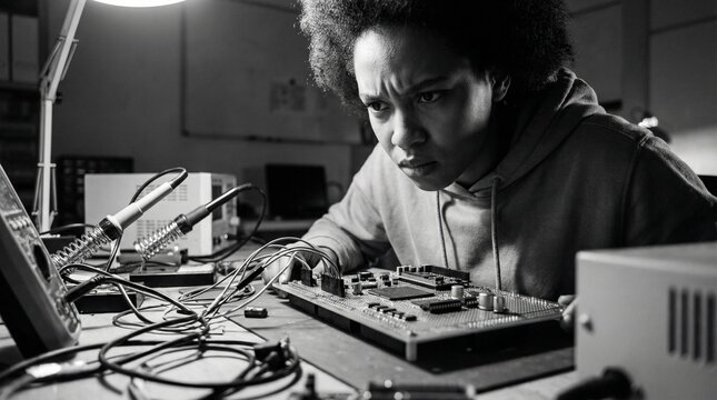 Intense focused female engineer meticulously works on complex electronic circuit board under bright lamp