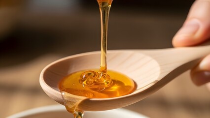 Close up of golden honey pouring from a wooden spoon