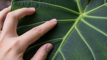 Close up of hand touching vibrant green leaf nature and plant detail