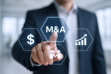 Mergers and Acquisitions Business Concept: Businessman Touching a Digital Interface Displaying M&A Strategy Icons