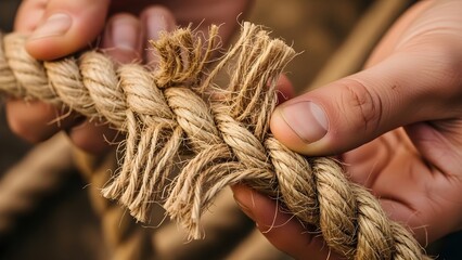 Close up of hands holding and examining a frayed rope detail for concepts