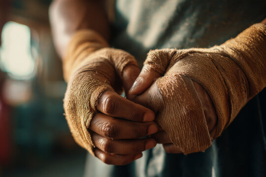 Close-up of man hands with worn boxing wraps before training