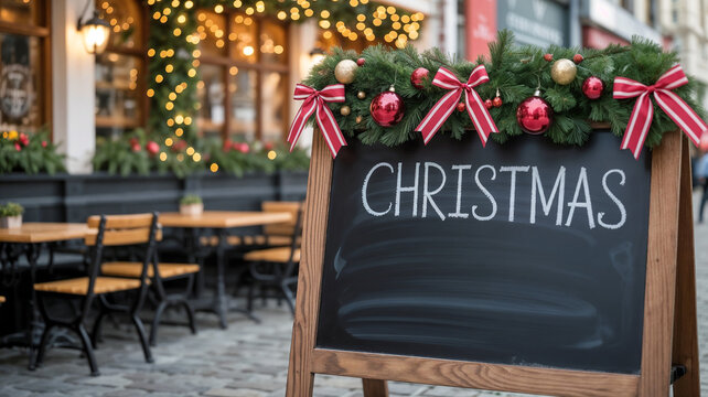 Christmas chalkboard sign with festive decorations in front of cafe - Powered by Adobe