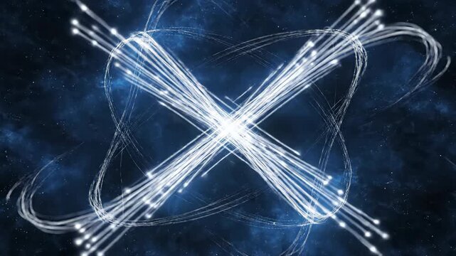 Seamlessly looping abstract visualization of numerous glowing white lines diverging and merging randomly on a deep blue void background seamlessly looping, data flow, network