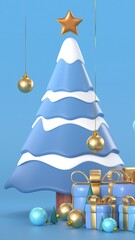 Happy New Year 2026 Greeting Card with Snowy Forest and Glowing Text, and gift box, caramel, snowflake and deer. 3d render animation