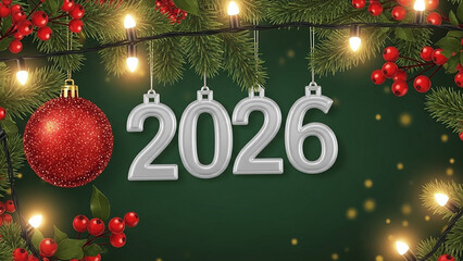 Festive new year decoration with ornament, lights, berries and evergreen branches