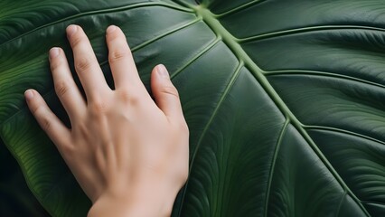 Hand touching large green leaf macro details sunlight outdoors environment