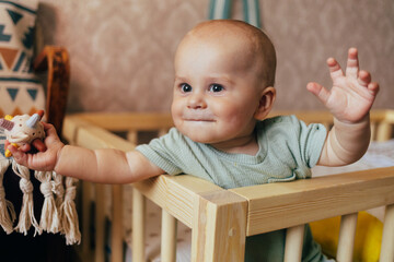 Cute baby sitting on a soft rug in a nursery next to a wooden crib. The child is holding a plush toy and looking at the camera with a gentle smile. Warm home lighting, natural tones, and a cozy atmosp