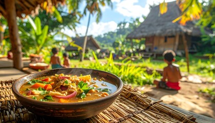 Traditional Dish, Rural Village, Outdoor Setting, Food Photography, Lush Environment, Close-Up View, Cultural Heritage