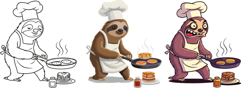 Cute sloth chef cooking pancakes illustration set with line art colored and expressive versions for cartoon character design