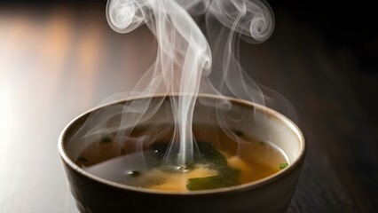 Steaming bowl of soup with rising vapor on a dark background