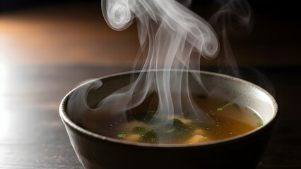 Steaming bowl of soup with rising vapor on a dark wooden surface