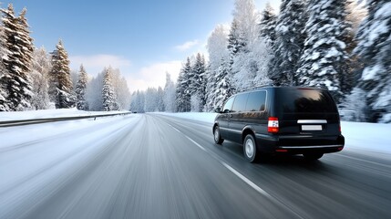 Fototapeta premium Snow-covered road with a black van driving through a winter landscape of trees in a serene, chilly environment