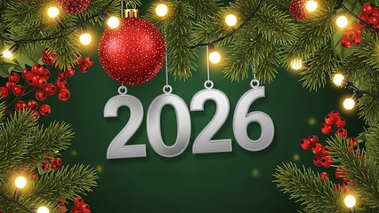 New year theme with christmas tree branches, lights, ornament and year number