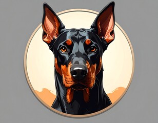 Cartoon-style Doberman headshot, front-facing, black & tan, in a soft beige circle on a gray background