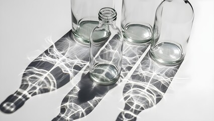 Transparent glass bottles cast shadows on white surface abstract composition