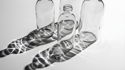 Transparent glass bottles cast shadows on a white surface