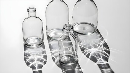 Transparent glass bottles grouped against white background with shadows