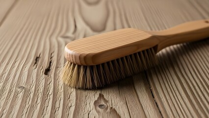 Wooden brush with bristles lies on a textured wooden surface