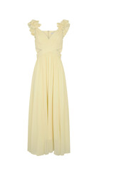 A light yellow sleeveless knee length dress with ruffled shoulder straps and a gathered waist