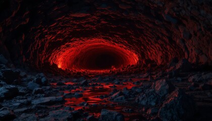 Fiery Red Lava Tunnel Cave with Glowing Reflections