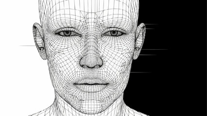 Wireframe Portrait - A Digital Human Face in Black and White.