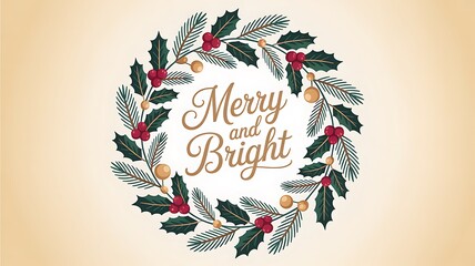 Merry and Bright Christmas Wreath Illustration with Holly Leaves Berries and Festive Design
