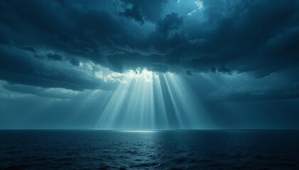 Dramatic Sun Rays Breaking Through Dark Storm Clouds Over Ocean
