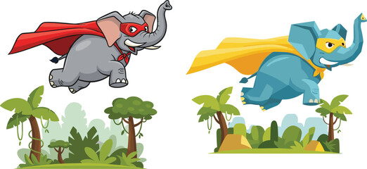 Cute superhero elephant flying over jungle landscape illustration set in multiple styles for cartoon character artwork design © MdSobhan