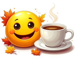 Cartoon-style image of a smiling yellow emoji next to a steaming cup of coffee surrounded by autumn leaves