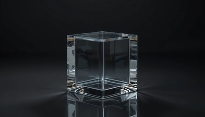 Transparent Glass Cube Display on Dark Glossy Background