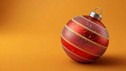 Close up of a red christmas ornament with gold stripes on an orange background