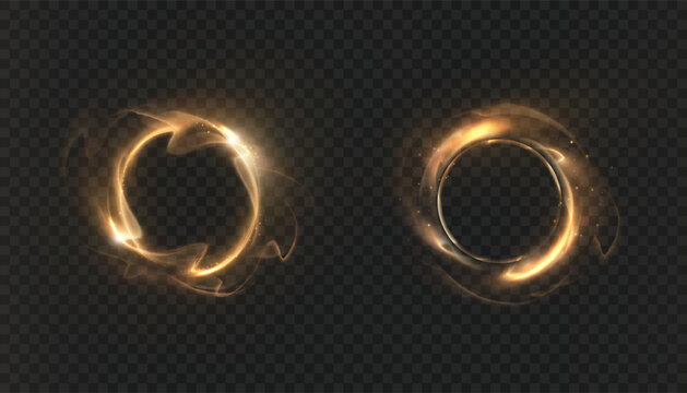 Golden glowing energy rings with swirling streams of light and bright backlighting against a dark background. Abstract magical portals and halos for overlays and game design.