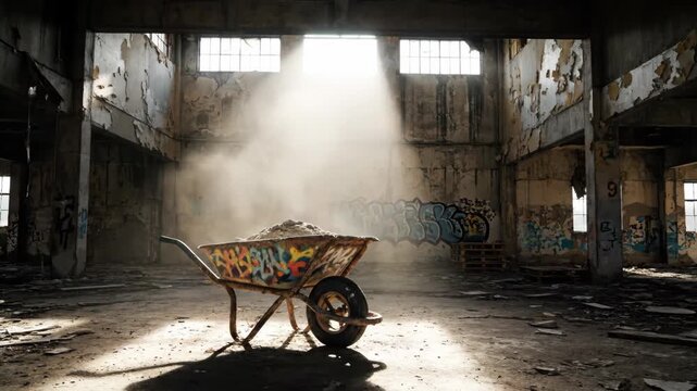 Dilapidated factory interior with wheelbarrow and bright sunlight