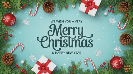Festive Merry Christmas and Happy New Year Greeting with Gifts Ornaments Candy Canes and Winter Greenery Frame
