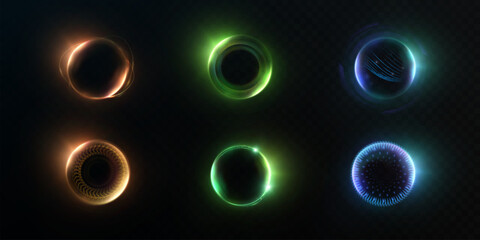 A set of glowing neon energy rings in vibrant colors on a dark background. Abstract sci-fi circles and portals for HUD interfaces, game design, and futuristic overlays.