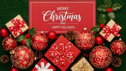 Christmas Greeting Card with Red Banner, Holiday Message, and Festive Ornaments on Green Background
