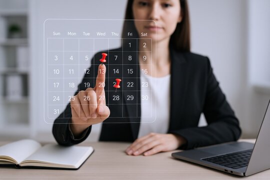 Businesswoman Scheduling Appointments on Virtual Calendar Interface for Project Management and Time Management Efficiency