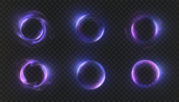 Bright, glowing circles, spheres, and energy rings with backlighting and an internal glow of purple-blue hues. Vector circles and portals for HUD interfaces, game design, and futuristic overlays