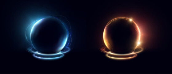Blue and orange energy spheres with neon rings and backlighting on a dark background. Abstract light orbs for game interfaces, design, and illustrations.