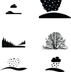 Silhouette Winter Weather Icon Set with Trees and Precipitation Symbols Landscape Depictions