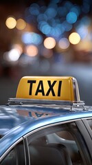 Taxi with bright yellow sign driving through a bustling urban street at night